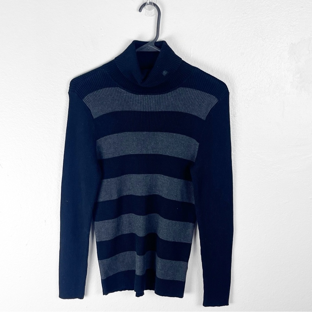 LAUREN RALPH LAUREN Black Gray Striped Turtleneck Sweater Large Preppy Academia